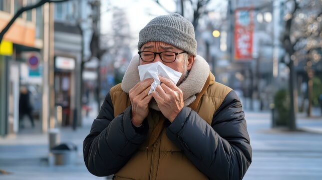Elderly man sneezing into tissue on street during winter season