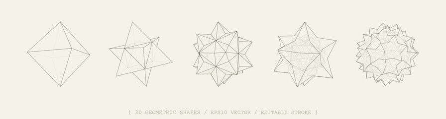 3D vector shapes set. Abstract polyhedron forms in geometry style. Geometric elements includes wireframe lines, stars, cubes, polygon structures. Mesh graphic design for tech, math, science concepts