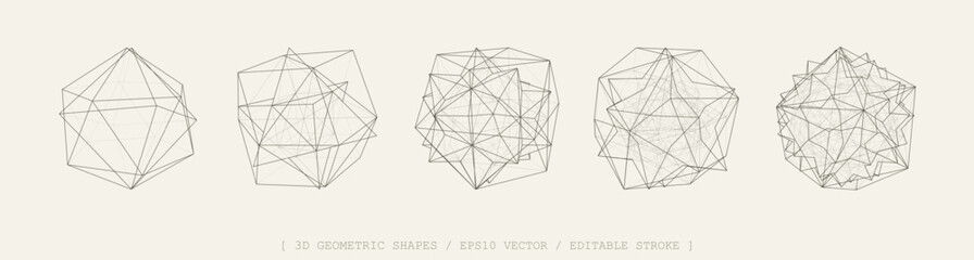 3D vector shapes set. Abstract polyhedron forms in geometry style. Geometric elements includes wireframe lines, stars, cubes, polygon structures. Mesh graphic design for tech, math, science concepts