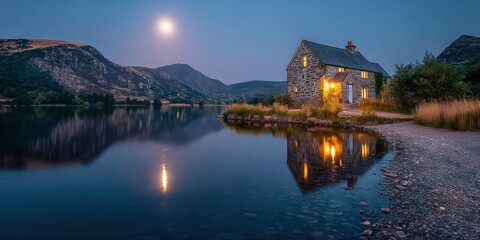 Fototapeta premium A stone house by a mountain lake reflecting the moonlight