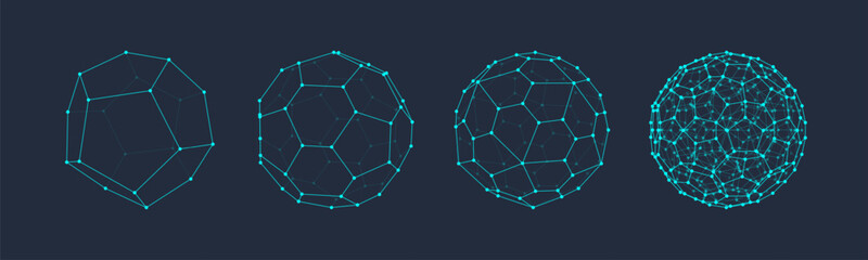 3D vector shapes set. Abstract polyhedron forms in geometry style. Geometric elements with lines and dots wireframe, spheres, polygon structures. Mesh graphic design for tech, math, science concepts