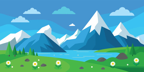 Obraz premium Mountain lake landscape vector background. A flat design illustration of an alpine scene with snow-capped peaks. A minimalist nature wallpaper for a travel poster or adventure banner.
