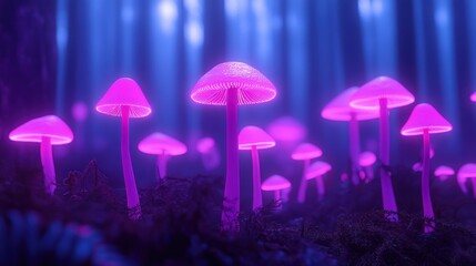 Enchanted Forest of Glowing Mushrooms in Ethereal Night Light