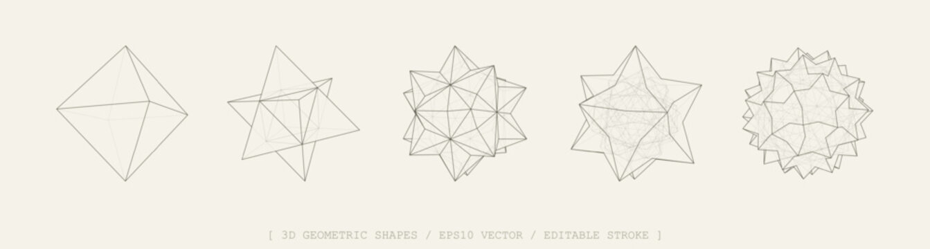 3D vector shapes set. Abstract polyhedron forms in geometry style. Geometric elements includes wireframe lines, stars, cubes, polygon structures. Mesh graphic design for tech, math, science concepts