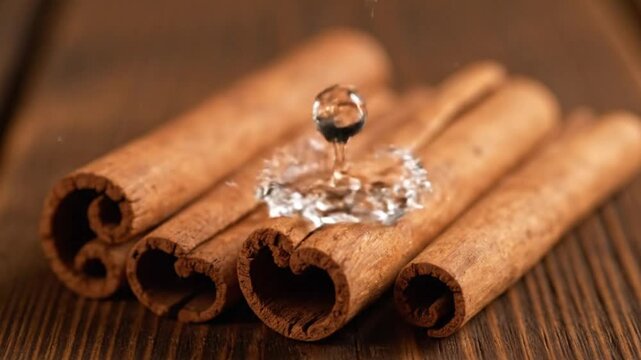 A droplet falls over a stack of cinnamon sticks on a brown wooden surface