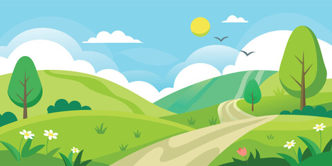 Obraz premium Sunny hills landscape vector background. A flat design illustration of a summer countryside scene with a path and birds. A cartoon nature wallpaper for a travel poster or a kids book.
