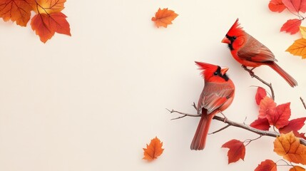 Two Vibrant Cardinals Perched on Branch Surrounded by Autumn Leaves