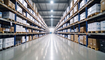 Spacious warehouse aisle with stacked boxes and shelving units for storage solutions