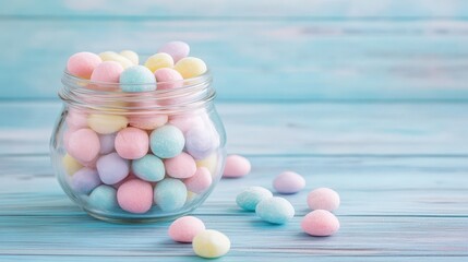 Colorful pastel candy eggs in glass jar on blue wooden background