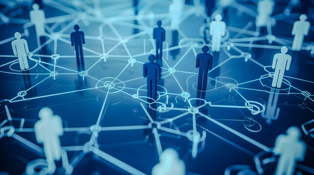 Collaborative network with white figures distributed across a web