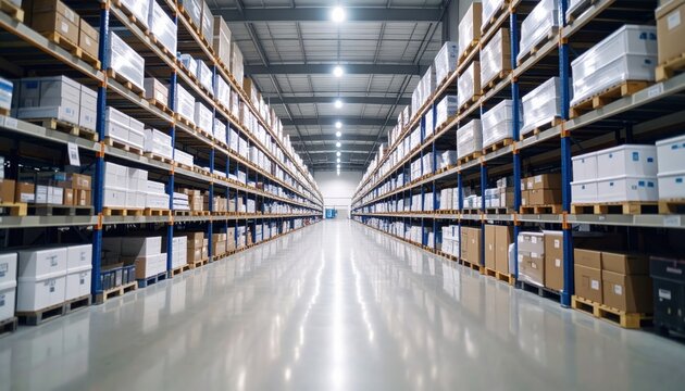 Spacious warehouse aisle with stacked boxes and shelving units for storage solutions