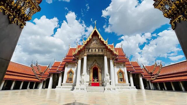 Tourists sit on the polished marble floor inside the archway of Wat Benchamabophit, facing the ornate Thai temple building, their backs to the camera, through the ornately decorated golden 