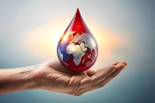Blood drop with world map held in hand symbolizing global health and donation - Powered by Adobe