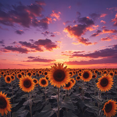 Obraz premium Sunflower Field at Sunset: Vibrant Blooms Under a Colorful Sky, Agriculture and Nature's Beauty