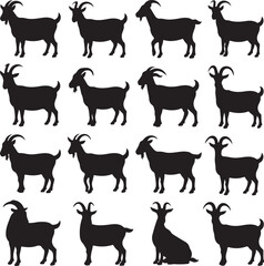 Fototapeta premium Collection of black goat silhouettes in diverse poses on a white background buck