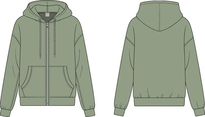 Green zip up hoodie front and back view, casual sweatshirt design template, unisex fashion garment mockup, sportswear illustration, apparel clothing vector © Montaha Creatives