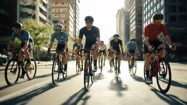 Dynamic Peloton of Professional Cyclists Racing Through a SunDrenched Modern City Street.
