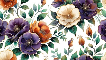 Fototapeta premium Elegant Floral Pattern with Rich Jewel Tones and Gold Accents