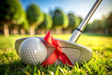 Golf ball and club with red ribbon on grass, gift concept