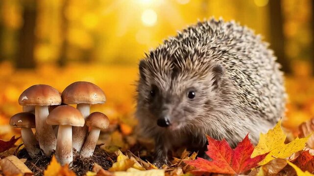 A hedgehog sits among fallen leaves near a cluster of mushrooms with a bokehlit forest in the background