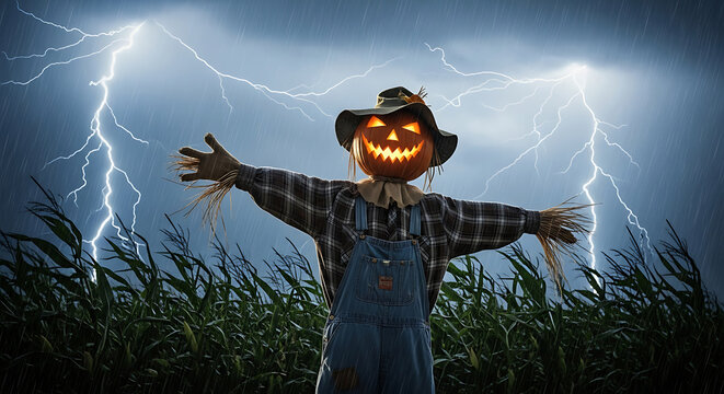 A scarecrow with a jack o lantern head stands in a cornfield during a lightning storm at night - Powered by Adobe