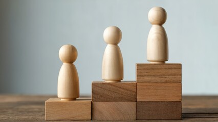 Wooden figures symbolize career growth, business success, and leadership on a wooden staircase