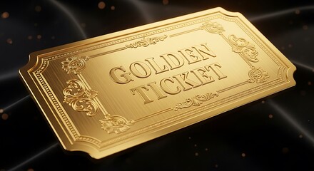 A special golden ticket with ornate details resting on a dark, luxurious silk background.