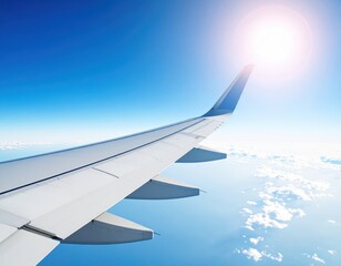 Obraz premium Airplane Wing Over Clouds On Sunny Day