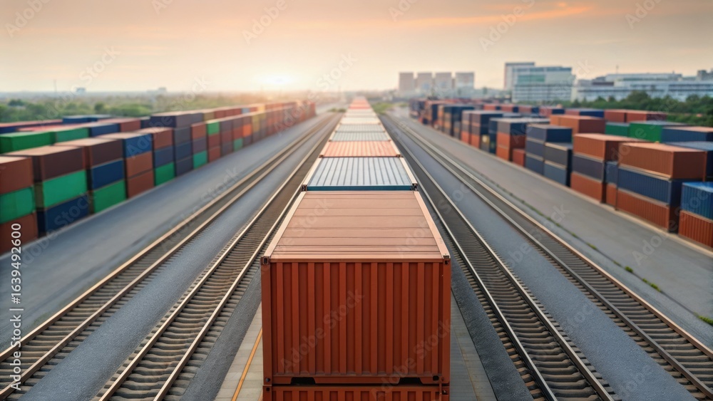 Poster aerial view of a container yard with colorful shipping containers lined along railway tracks under a