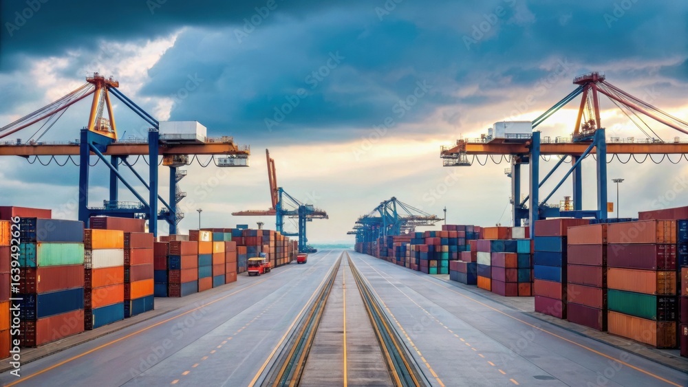 Poster a busy shipping port with stacks of colorful containers and towering cranes under a dramatic sky.