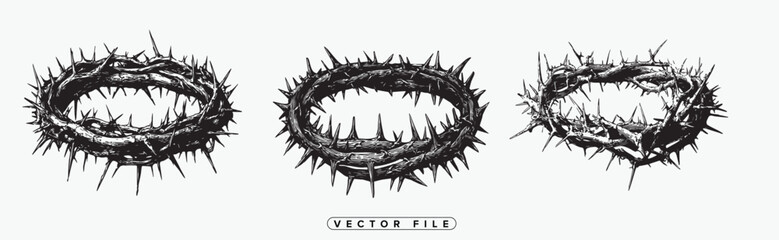Black and white vector illustration of multiple crown of thorns designs