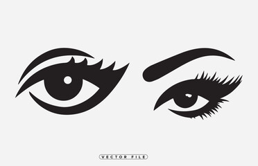 Vector illustration of four stylized female eyes with dramatic eyelashes and eyebrows
