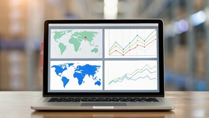 Laptop displaying global maps and data graphs on a wooden table in a blurred background.