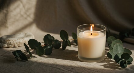 Calming tabletop with a lit scented candle in a frosted jar
