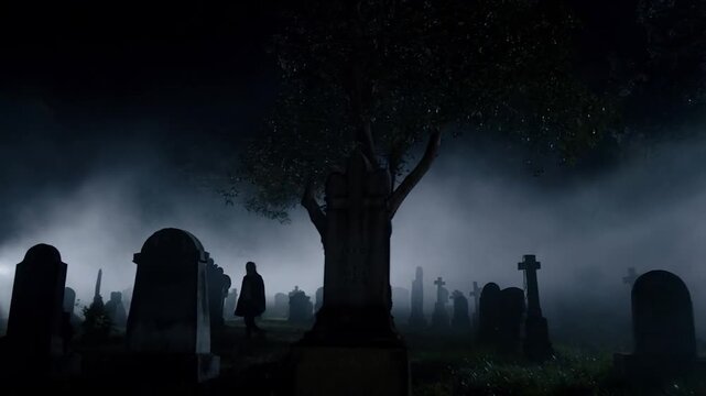 Eerie Night at the Cemetery: A Spooky Foggy Halloween Scene