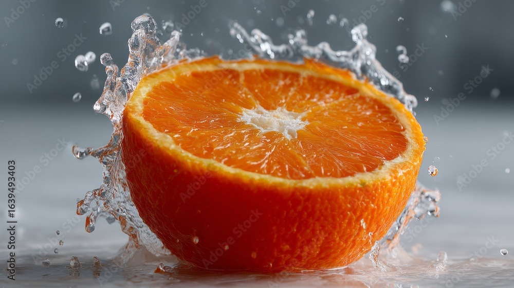 Poster vibrant orange slice splashing in water creating dynamic droplets on a serene surface