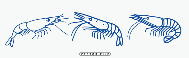 Collection of hand drawn blue shrimp illustrations on white background vector graphics