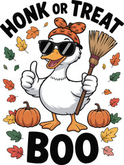 Honk or Treat Boo Duck Cute Halloween Duck with Broom and Autumn Leaves Sublimation Halloween Duck Costume T-shirt