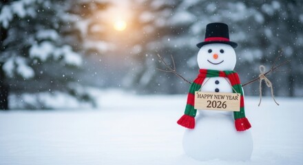 Obraz premium A Happy Snowman Greets the Coming New Year 2026 in a Snowy Winter Forest