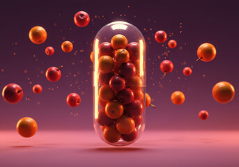 Fruit Capsule: Apples and Oranges in a Pill, Vitamin Supplement Concept, Healthy Lifestyle
