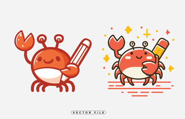Naklejka premium Cute cartoon crab character holding pencil in various colorful illustration styles