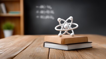 Model of an atom on wooden books near a chalkboard in a classroom setting