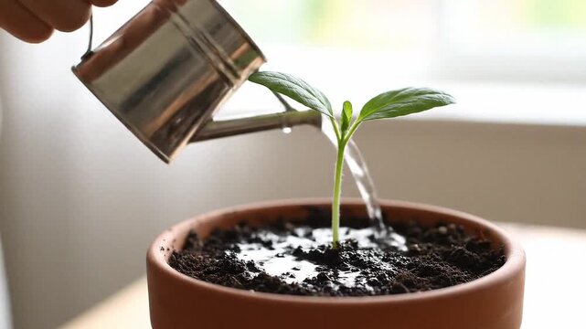 A seedling is being watered from a miniature metal watering can in a terracotta pot against a blurry background