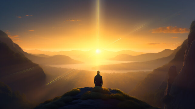 Back view of a serene, enlightened figure meditating on a lonely hilltop, radiant beams of heavenly light merging with his body, neon-glow mist and golden sunlight drifting around, ethereal energy
