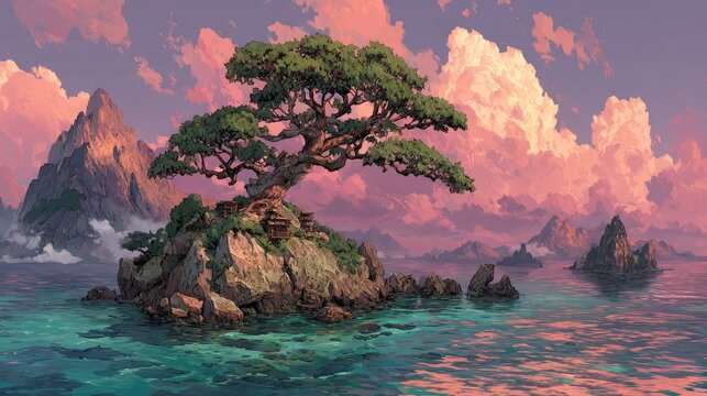 Tranquil Sunset Landscape Featuring a Floating Island with a Lone Tree