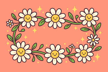 Cute cartoon illustration of a cheerful daisy garland with smiling faces and green leaves on a pink background, perfect for greeting cards, children’s designs, and playful decorations