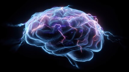 Abstract AI brain pulsing with blue and purple energy in black space