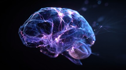 Abstract AI brain pulsing with blue and purple energy in black space