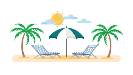 Beach vacation scene with palm trees sun umbrella and chairs for summer holiday relaxation getaway 100