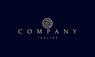A golden vector logo featuring an abstract image blooming flowers with leaves arranged in a circle, symbolizing growth, harmony, and nature.